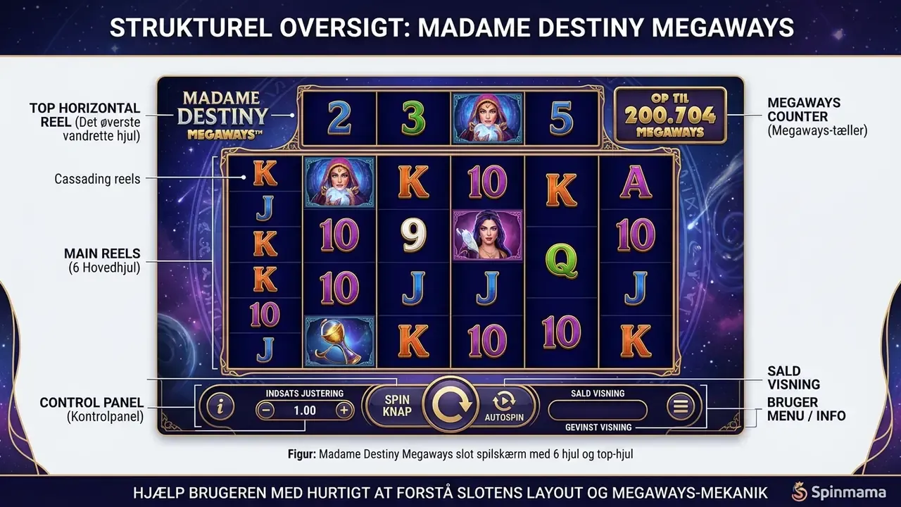 Madame Destiny Megaways slot spilskærm med 6 hjul og top-hjul