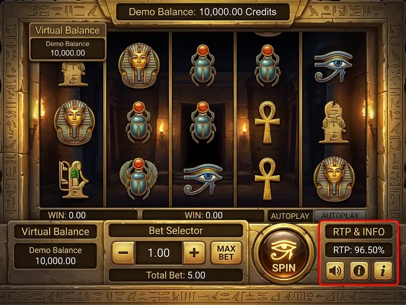 Le Pharaoh demo interface med virtuelle kreditter, indsatsvælger og RTP-panel